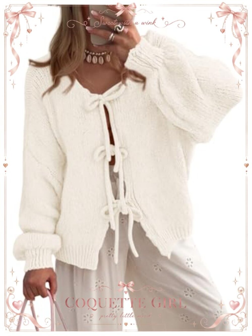 Tie Front Bow Cardigan Chunky Cable Knit Puff Sleeve Sweater